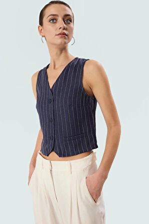 Yazlık Çizgili Crop Bluz V Yaka Polyester Dokuma Seçkin Malzeme Uzun Ömürlü