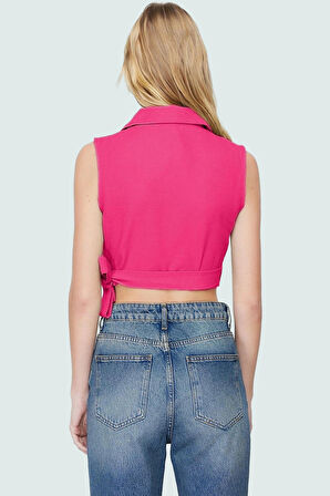 Keten Görünümlü Crop Bluz Ceket Yaka Kalın Askılı Yazlık Rahat Kullanım