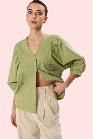 Kadın V Yaka Balon Kol Truvakar Gömlek Pamuklu Günlük Kullanım Hafta Sonu Kaliteli Malzeme