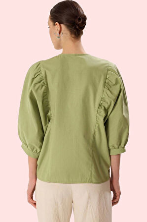 Kadın V Yaka Balon Kol Truvakar Gömlek Pamuklu Günlük Kullanım Hafta Sonu Kaliteli Malzeme