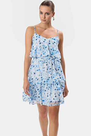 Çiçekli Desenli Şifon Mini Elbise V Yaka Kısa Boy Fırfırlı Özel Tasarım Modern Stil