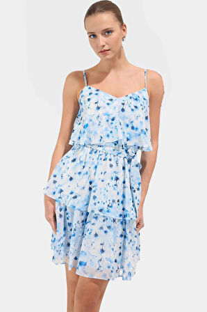 Çiçekli Desenli Şifon Mini Elbise V Yaka Kısa Boy Fırfırlı Özel Tasarım Modern Stil