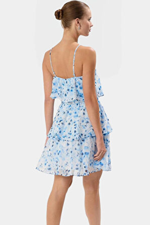 Çiçekli Desenli Şifon Mini Elbise V Yaka Kısa Boy Fırfırlı Özel Tasarım Modern Stil