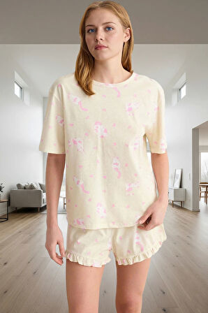 Kadın Kedi Desenli Pamuklu Fırfırlı Pijama Takımı Rahat Ev Giyim Özenle Seçilmiş Profesyonel Görünüm