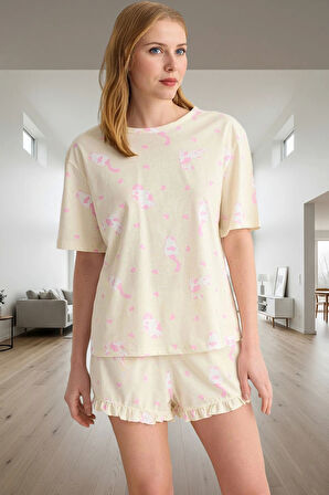 Kadın Kedi Desenli Pamuklu Fırfırlı Pijama Takımı Rahat Ev Giyim Özenle Seçilmiş Profesyonel Görünüm