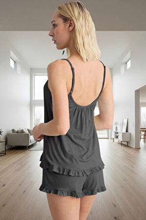 Kadın Rahat Viskoz Pijama Takımı İnce Askılı Fırfırlı Tasarım Yaz Mevsimi İçin Premium Kalite Modern Stil