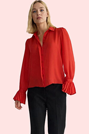 Kadın İspanyol Kol Gömlek Düz Desen Regular Kalıp Queen Crep Dokuma İş Ve Günlük Hafta Sonu