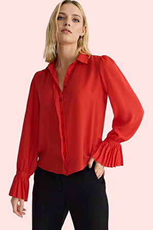 Kadın İspanyol Kol Gömlek Düz Desen Regular Kalıp Queen Crep Dokuma İş Ve Günlük Hafta Sonu