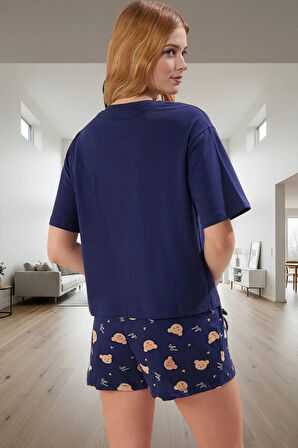 Kadın Ayıcıklı Desenli Pamuklu Pijama Takımı Kısa Kollu Regular Kalıp Yazlık Yüksek Kalite