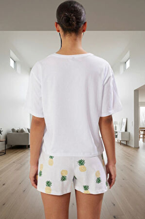 Kadın Yazlık Kısa Kollu Pamuklu Pijama Takımı Ananas Desenli Rahat Yüksek Kalite