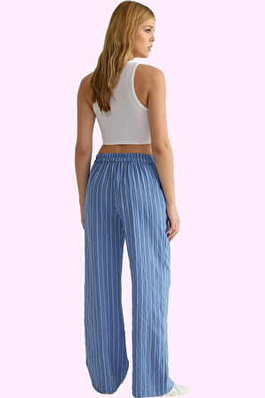 Kadın Geniş Paça Çizgili Dokuma Pantolon Yazlık Rahat Günlük Stil Yaz Aylarının Vazgeçilmezi