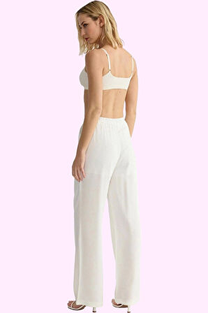 Kadın Geniş Paça Keten Görünümlü Pantolon Pamuk Günlük Ve İş Stilleri İçin Kaliteli Malzeme