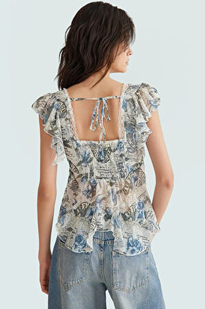 Şifon Bluz Çiçek Desenli V Yaka Yazlık Rahat Günlük Kullanım Profesyonel Görünüm