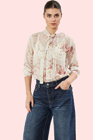 Kadın Çiçek Desenli Şifon Gömlek Boyundan Bağlamalı Uzun Kol Regular Kalıp Günlük Kullanım