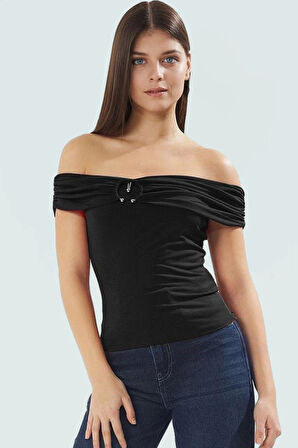 Kadın Kısa Kollu Fitted Örme Bluz Carmen Yaka Günlük Stil Premium Kalite Modern