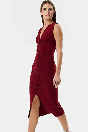 Şık Bodycon V Yaka Örme Midi Elbise Polyester Elastan Kumaştan Gündüz Ve Gece Rahat Kullanım