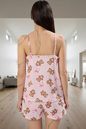 Kadın Ayıcıklı Pijama Takımı %100 Pamuk Yazlık Rahat Ev Giyim Seti Mükemmel Uyum Günlük Kullanım İçin