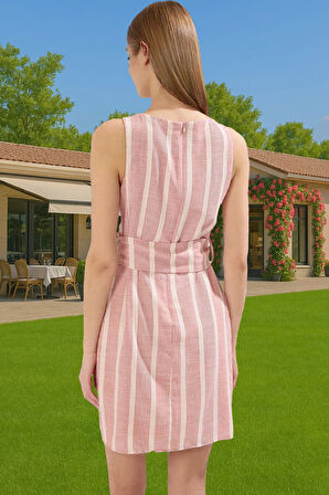 Şık Keten Dokulu Çizgili Mini Elbise Kemerli Viskoz Karışımlı Yazlık Özel Tasarım Modern Stil