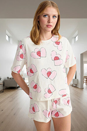 Kadın Kalpli Pamuklu Kısa Kollu Pijama Takımı Rahat Ev Giyim Yazlık Günlük Kullanım İçin Ve Şık