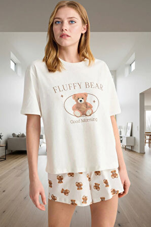 Kadın Ayıcıklı Baskılı Pamuklu Kısa Kollu Pijama Takımı Trend Tasarım Özenle Seçilmiş