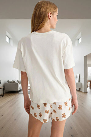 Kadın Ayıcıklı Baskılı Pamuklu Kısa Kollu Pijama Takımı Trend Tasarım Özenle Seçilmiş