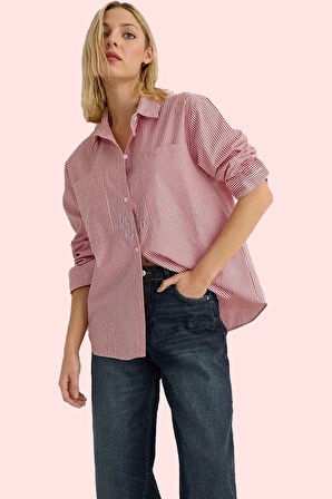 Kadın Çizgili Oversize Gömlek Basic Siluet Uzun Kollu Rahat Günlük Yaz Aylarının Vazgeçilmezi