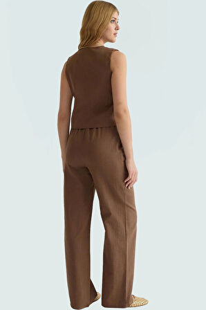 Kadın Keten Görünümlü Bağlamalı Bluz Ve Geniş Paça Pantolon Takım Konforlu Kesim Seçkin Malzeme