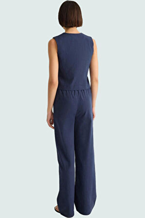 Kadın Keten Görünümlü Bağlamalı Bluz Ve Geniş Paça Pantolon Takım Konforlu Kesim Seçkin Malzeme