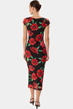 Kısa Kollu Midi Boy Bodycon Puantiyeli Polyester Elbise Yüksek Kalite Rahat Kullanım Ve Şık