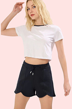 Kadın Straight Kalıp Kısa Şort Slogan Desenli Beli Lastikli Yaz Günlük Kullanım Hafta Sonu