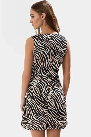 Zebra Desenli Mini Krep Elbise Bodycon Kesim Yazlık Polyester Kumaş Uzun Ömürlü Premium Kalite