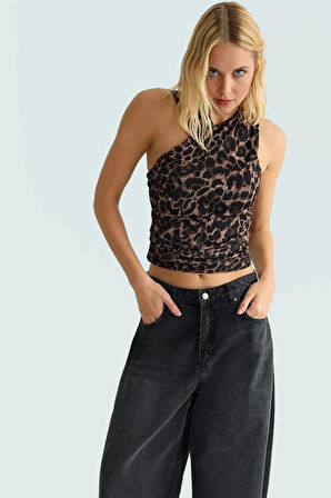 Şık Leopar Desenli Kolsuz Örme Bluz Rahat Kalıp Yazlık Özenle Seçilmiş Günlük Kullanım İçin