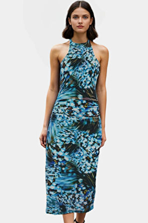 Maxi Leopar Desenli Bodycon Elbise 95% Polyester Astarlı Boyundan Bağlamalı Şık Görünüm
