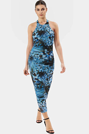 Maxi Leopar Desenli Bodycon Elbise 95% Polyester Astarlı Boyundan Bağlamalı Şık Görünüm