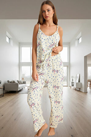 Kadın Hayvan Desenli İnce Askılı Viskoz Pijama Takımı Rahat ve Şık Tasarım Özel