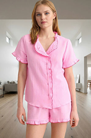 Kadın Pamuklu Fırfırlı Müslin Pijama Takımı Konforlu Kesim Mükemmel Uyum Modern Stil