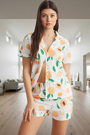 Kadın Yazlık Kısa Kollu Pamuklu Pijama Takımı Şortlu Regular Kalıp Trend Tasarım Modern Stil