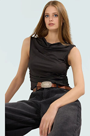 Asimetrik Kolsuz Fitted Bluz Çok Desenli Polyester Yazlık Konforlu Kesim Özel Tasarım