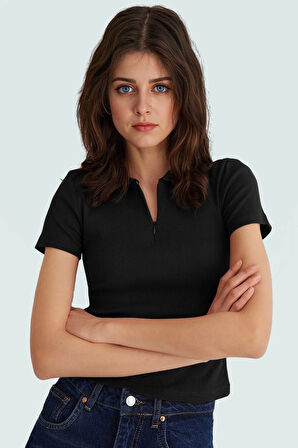 Kadın Fitted Polo Yaka Kısa Kollu Pamuklu Bluz Trend Tasarım Özenle Seçilmiş