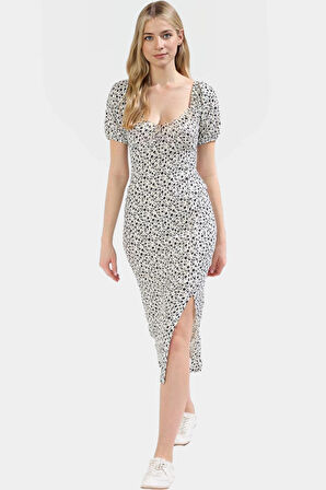 Midi Boy Örme Elbise Kare Yaka Balon Kol Bodycon Kalıp Profesyonel Görünüm Trend Tasarım