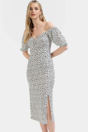 Midi Boy Örme Elbise Kare Yaka Balon Kol Bodycon Kalıp Profesyonel Görünüm Trend Tasarım