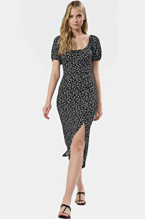 Midi Boy Örme Elbise Kare Yaka Balon Kol Bodycon Kalıp Profesyonel Görünüm Trend Tasarım