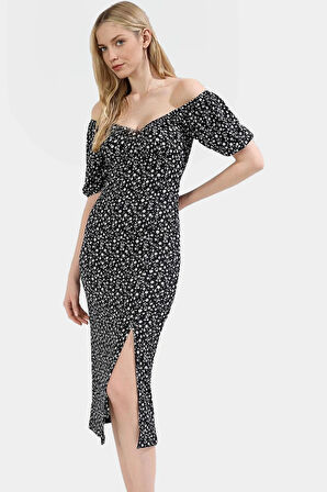 Midi Boy Örme Elbise Kare Yaka Balon Kol Bodycon Kalıp Profesyonel Görünüm Trend Tasarım