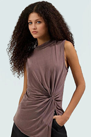 Kadın Asimetrik Kolsuz Örme Bluz Modal Polyester Günlük Şık Özenle Seçilmiş Kaliteli İşçilik