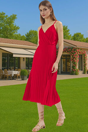 Pileli Midi Elbise Polyester Örme Yazlık Günlük Şık Özenle Seçilmiş Modern Stil Zarifane Tasarım