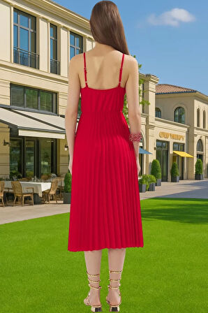 Pileli Midi Elbise Polyester Örme Yazlık Günlük Şık Özenle Seçilmiş Modern Stil Zarifane Tasarım