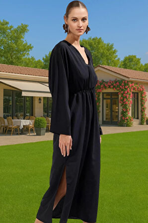 Maxi Çiçek Desenli Dokuma Plaj Elbisesi Yırtmaçlı Şal Yaka Rahat Ve Şık Kaliteli İşçilik