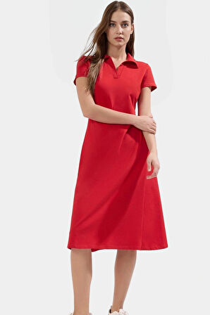 Kadın Polo Yaka Örme Midi Elbise Pamuklu Rahat Günlük Seçkin Malzeme Kullanım