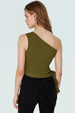 Tek Omuz Bağlamalı Crop Bluz Örme Pamuklu Yazlık Rahat Kombin Yüksek Kalite Uzun Ömürlü