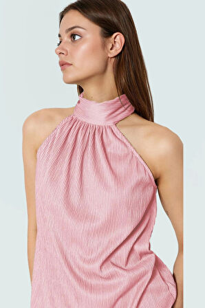 Pilise Örme Bluz Halter Yaka Regular Kalıp Yazlık İş Elbisesi Uzun Ömürlü Konforlu Kesim